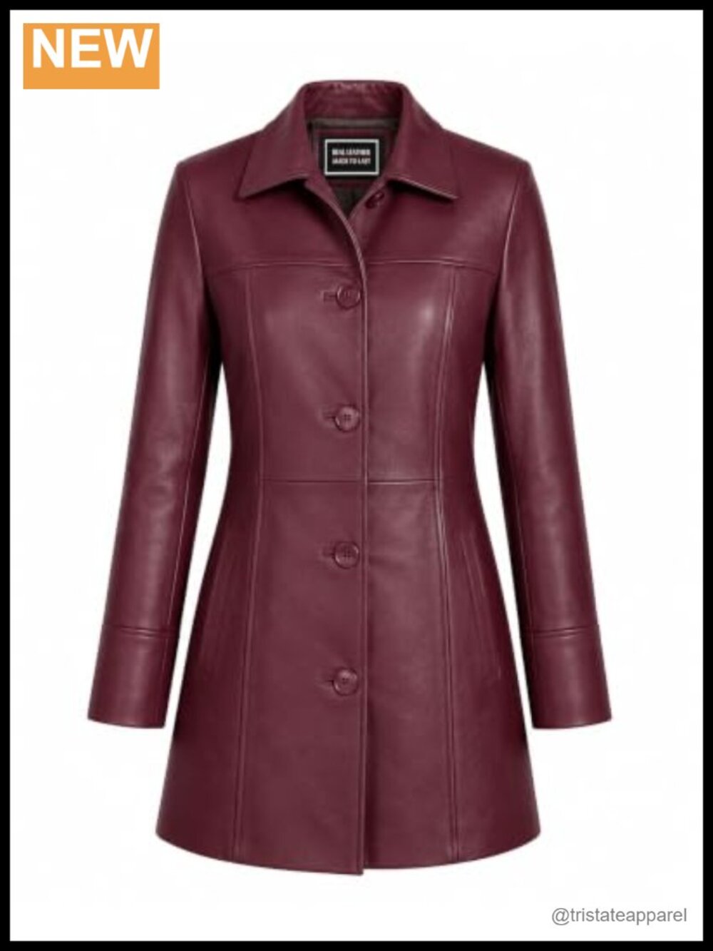 Genuine Leather 3/4 Length Car Coat Overcoat Button Front Long Sleeve